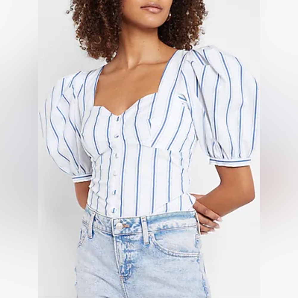 Express Striped Button Front Puff Sleeve Thong Bodysuit